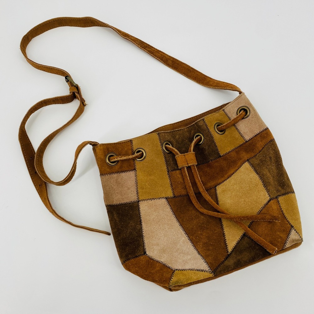 Patchwork Suede Bucket Bag Women Medium‎ Brown Boho Drawstring Crossbody